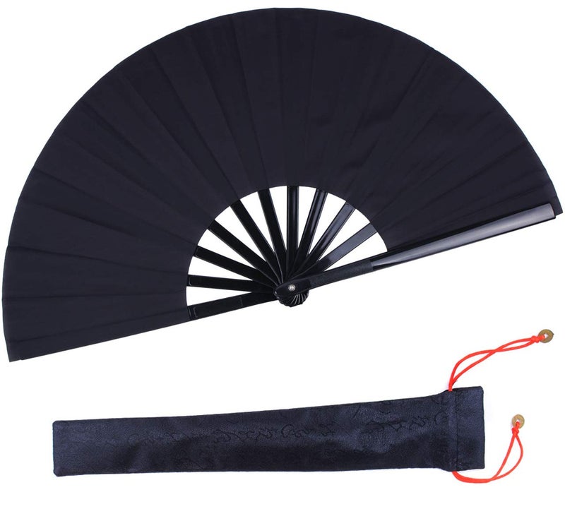 HONSHEN Folding Fan Black Large Hand Fan Chinese Kung Fu Tai Chi Hand Held ABS Plastic-Nylon Folding Fans for Men with a Fabric Case for Protection 13inch - Image 1